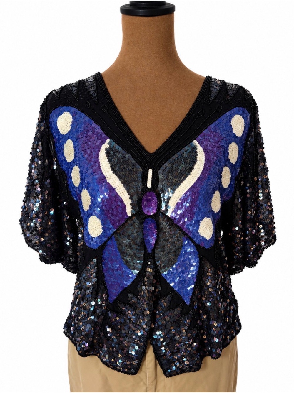 Y2K 100% Silk Black Sequin Beaded Flowy V-Neck Top with Purple Butterfly Motif